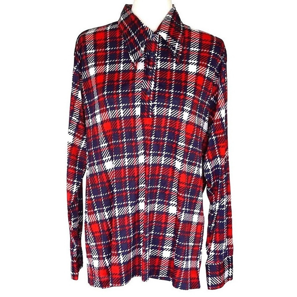 Vintage‎ Kings Road Sears Plaid Shirt Mens XL Red Blue 70s Arnel Triacetate Top